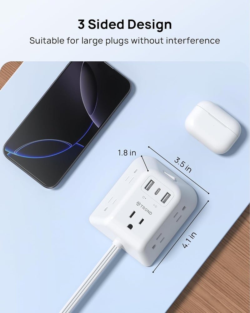 TROND Outlet Extender with 360° Rotating Plug, 5AC Electrical Multi Plug Outlet-18in Short Extension Cord, 2 USB-A Ports & 1 USB-C Port, Use Behind Couches, Nightstands, Desks, White - Image 4